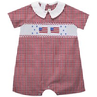 Vive La Fete 4th July Smocked Red Medium Check Boys Bubble