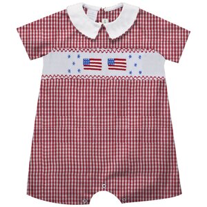 Vive La Fete 4th July Smocked Red Medium Check Boys Bubble