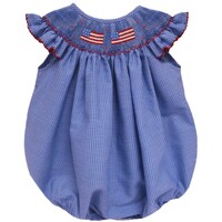 Vive La Fete 4th of July Smocked Royal Gingham Angel Wing Girl Bubble