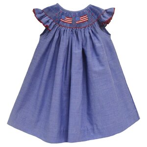Vive La Fete 4th July Smocked Royal Gingham Angel Wing Bishop Dress