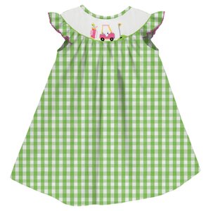 Vive La Fete Golf Cart Smocked Lime Big Check Angel Wing Bishop Dress