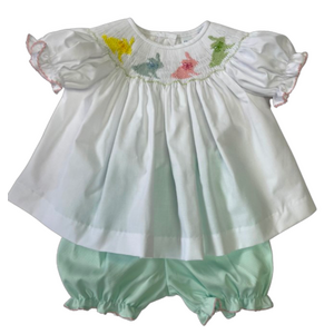 Lulu Bebe Pastel Bunny Smocked Bishop Bloomer Set