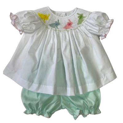 Lulu Bebe Pastel Bunny Smocked Bishop Bloomer Set