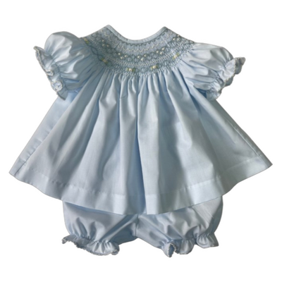 Lulu Bebe Classic Lt Blue Smocked Bishop Bloomer Set