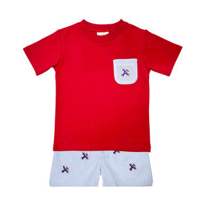Zuccini Airplane Jacob Red Knit Shirt and Airplane Blue Stripe Short Set