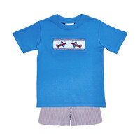 Zuccini Airplane Harry's Play Tee Periwinkle/Patriotic Stripe Seersucker Short Set