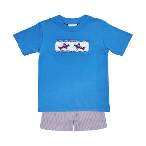 Zuccini Airplane Harry's Play Tee Periwinkle/Patriotic Stripe Seersucker Short Set