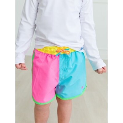 RuffleButts + RuggedButts Neon Color Block Dolphin Hem Swim Trunks