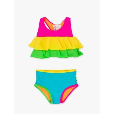 RuffleButts + RuggedButts Neon Color Block Flounce Bikini 2-Piece Swimsuit, with Signature Rear Ruffles