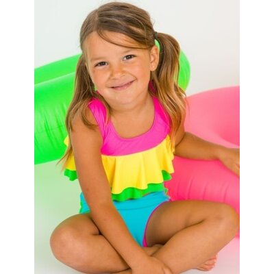 RuffleButts + RuggedButts Neon Color Block Flounce Bikini 2-Piece Swimsuit, with Signature Rear Ruffles