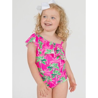 RuffleButts + RuggedButts Neon Palm Paradise One Shoulder Ruffle One Piece