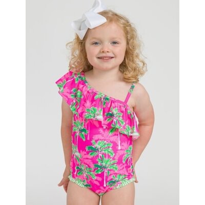 RuffleButts + RuggedButts Neon Palm Paradise One Shoulder Ruffle One Piece
