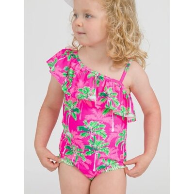 RuffleButts + RuggedButts Neon Palm Paradise One Shoulder Ruffle One Piece
