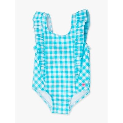 RuffleButts + RuggedButts *PRE-ORDER*Bright Aqua Gingham Waterfall One Piece Swimsuit