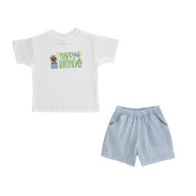 Bailey Boys Happy Birthday T-Shirt w/ Blue Check Seersucker Short