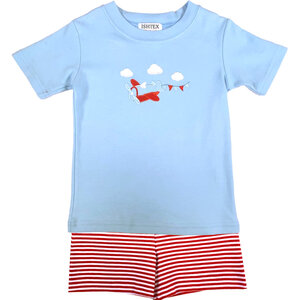 Ishtex Textile Products, Inc *PRE-ORDER*Airplane Boy's Shorts Set Light Blue/Red Stripe
