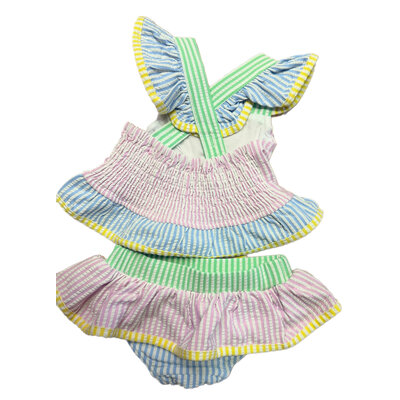 Lulu Bebe 2 Piece Multi Striped Ruffles Girl Swim Suit