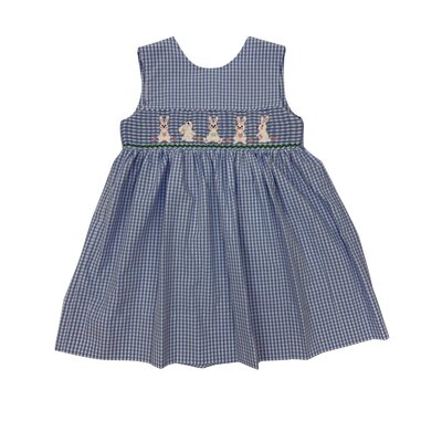 Delaney Smocked Bunny New Blue Gingham Knit Cross Back Jumper