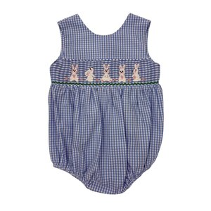 Delaney Smocked Bunny New Blue Gingham Knit Cross Back Bubble