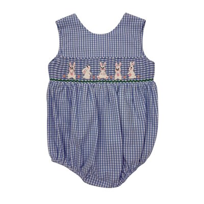 Delaney Smocked Bunny New Blue Gingham Knit Cross Back Bubble