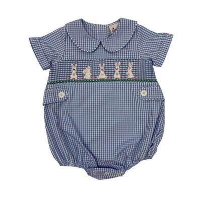Delaney Smocked Bunny Boy's New Blue Gingham Knit Short Bubble