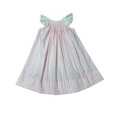 Delaney Pink Gingham White Eyelet Smocked Angel Wing Bishop
