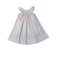 Delaney Pink Gingham White Eyelet Smocked Angel Wing Bishop