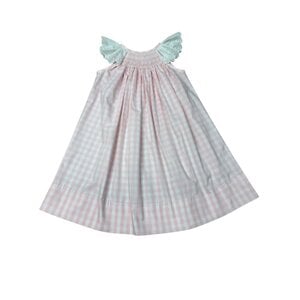 Delaney Pink Gingham White Eyelet Smocked Angel Wing Bishop