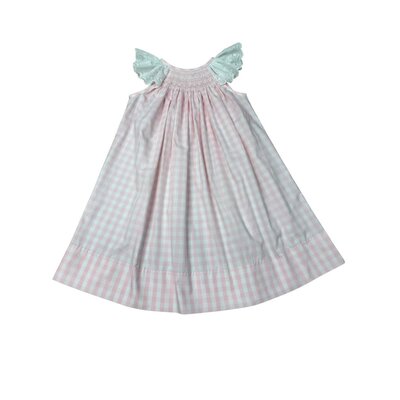 Delaney Pink Gingham White Eyelet Smocked Angel Wing Bishop