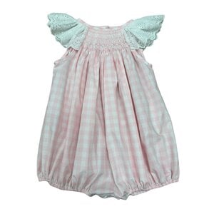 Delaney Pink Gingham White Eyelet Smocked Angel Wing Bishop Bubble