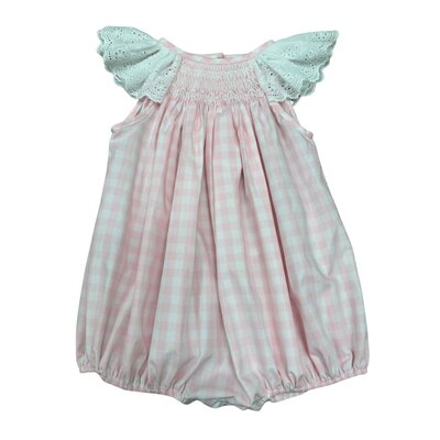 Delaney Pink Gingham White Eyelet Smocked Angel Wing Bishop Bubble