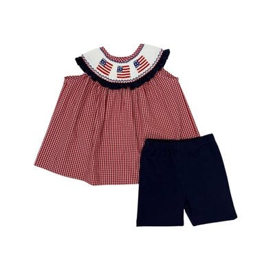 Delaney Red Windowpane Smocked Flag Yoke Short Set