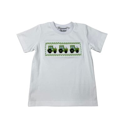 Delaney Smocked Tractor White Knit Shirt