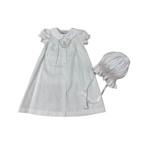 Delaney White Button-Front Daygown w/ Small Roses and Bonnet