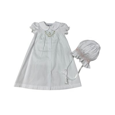 Delaney White Button-Front Daygown w/ Small Roses and Bonnet