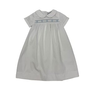 Delaney Smocked Blue Geo Boy's White Long Daygown