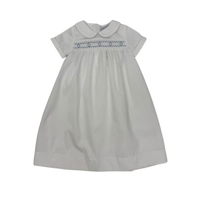 Delaney Smocked Blue Geo Boy's White Long Daygown