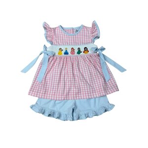 Delaney Pink Knit Gingham Smocked Princess Short Set