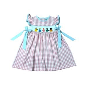Delaney Pink Knit Gingham Smocked Princess Dress