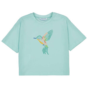 Mayoral S/S Cropped Light Teal Embroidered Hummingbird Shirt
