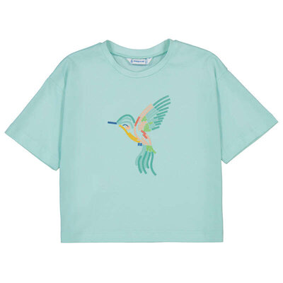 Mayoral S/S Cropped Light Teal Embroidered Hummingbird Shirt