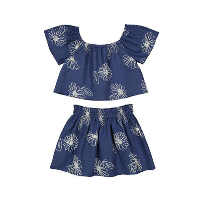Mayoral Navy Blue Floral Embroidered Set
