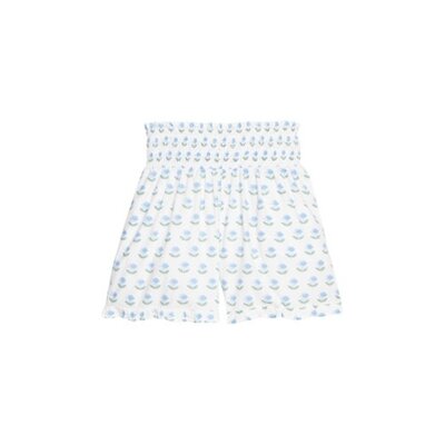 Little English | BISBY Shirred Ruffle Shorts - Blue Tulip Block Print