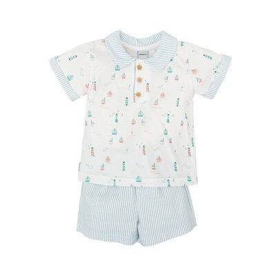 Sailboat and Lighthouse w/ Blue Striped Shorts Set