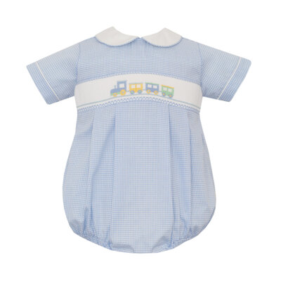 Petit Bebe Train Lt Blue Gingham Boy's Bubble