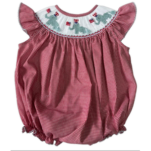 Lulu Bebe Patriotic Elephants Smocked Red Gingham Bishop Bubble