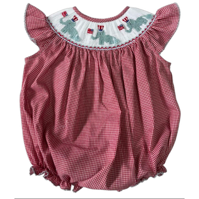 Lulu Bebe Patriotic Elephants Smocked Red Gingham Bishop Bubble