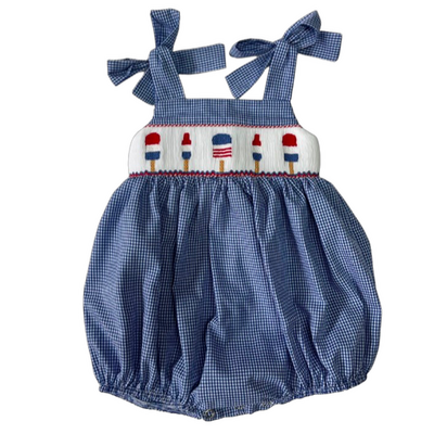 Lulu Bebe 4th of July Lollipops Smocked Waist Blue Gingham Bubble