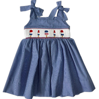 Lulu Bebe 4th of July Lollipops Smocked Waist Blue Gingham Dress