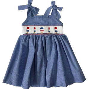 Lulu Bebe 4th of July Lollipops Smocked Waist Blue Gingham Dress